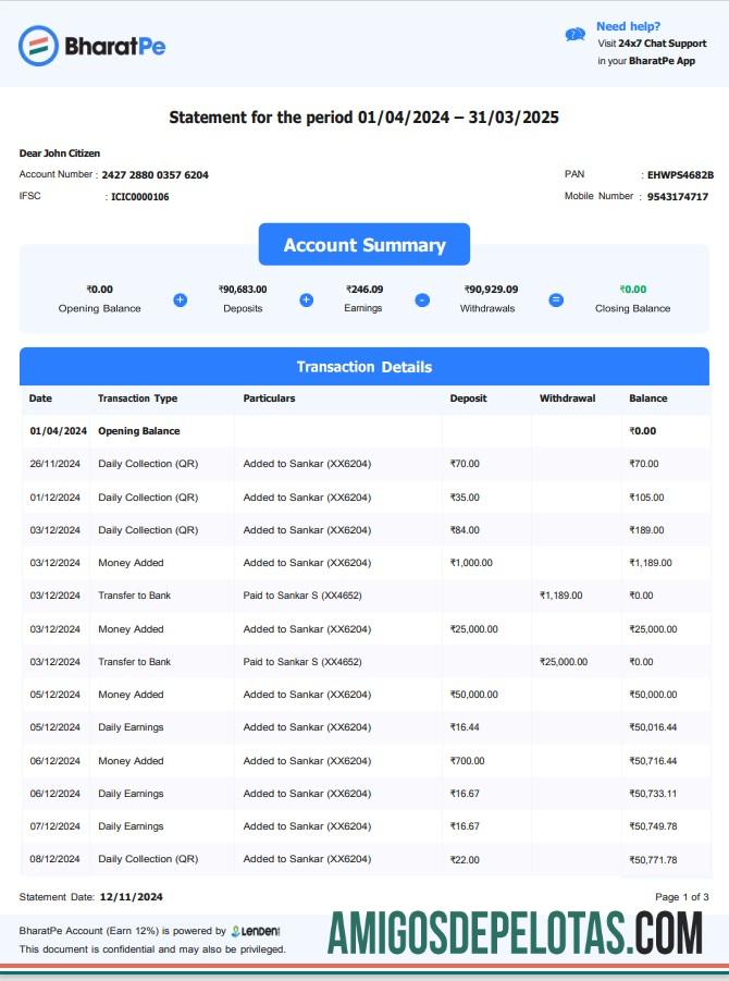 modelo realista de extrato bancário da ÍNDIA BHARATPE, formato Word e PDF